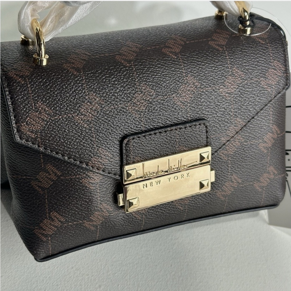 NEW! Nicole Miller Signature Crossbody Secure Closure Faux Leather Brown Gold